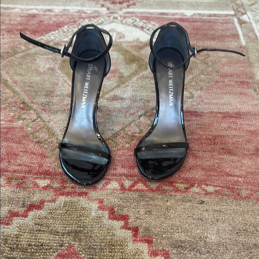 Stuart Weitzman Nudist Black Patent Ankle Strap 4” Heel